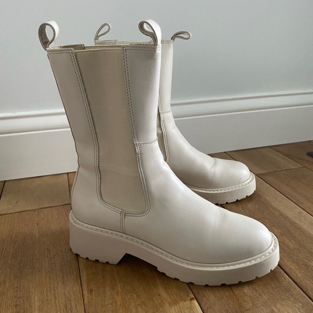 Yairy Steve Madden Cream Chunky Chelsea Boots, Leather Mid Calf, Padme, Anakin
